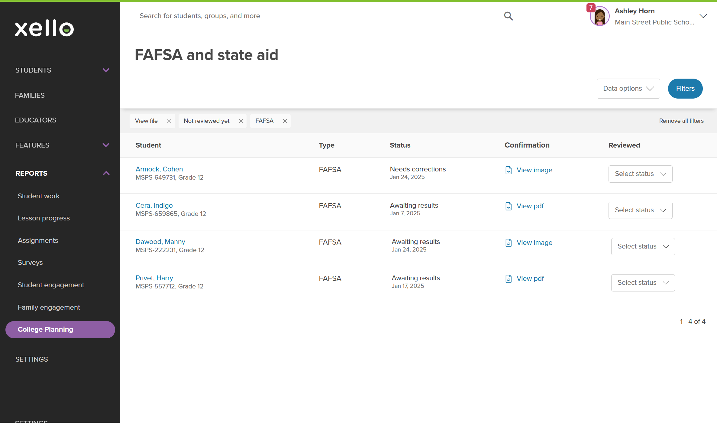 The FAFSA and state aid report. The student list has been filtered to students who have applied for FAFSA and uploaded their confirmation and have not had their submission reviewed